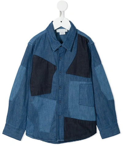 Stella Mccartney Kids' Blue Denim Shirt With Patchwork, Classic Collar And Frontal Closure