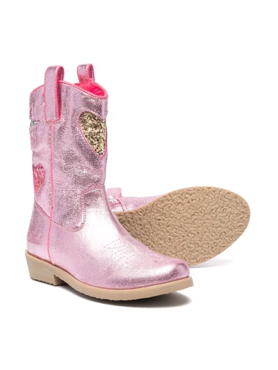 Billieblush Kids' Metallic Heart-patch Leather Cowboy Boots In Pink