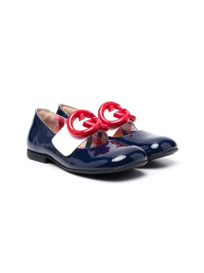 Gucci Kids' Navy Gg Band Leather Ballerina Shoes In Blue
