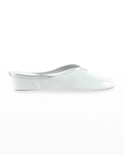 Jacques Levine Metallic Leather Wedge Mule Slippers In White Silver