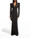 Tadashi Shoji Scallop Lace V-neck Long-sleeve Crepe Gown In Black/nude