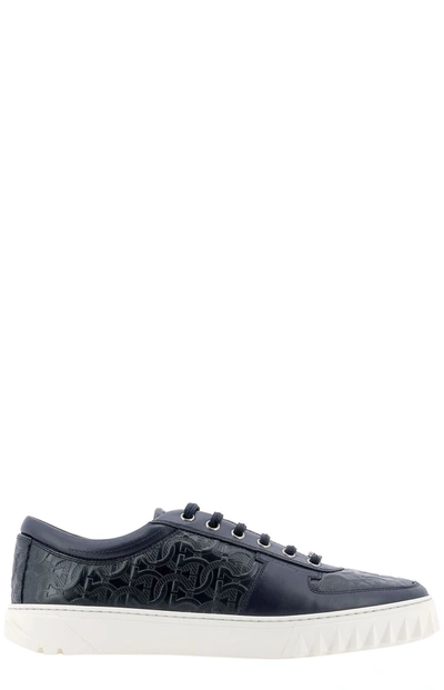 Ferragamo Gancini-embossed Leather Sneakers In Blau