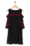 Nina Leonard Contrast Stripe Cold Shoulder Dress In Black/ Deepwine