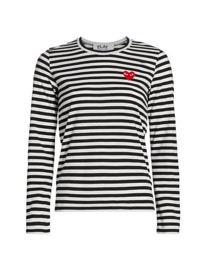 Comme Des Gar Ons Play Striped Red Heart Long-sleeve Shirt In Black White
