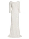 Theia Three-quarter Sleeve Sequin Sheath Gown In Ivory