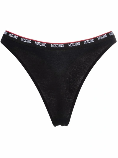 Moschino Logo-waistband Stretch Thong In Black
