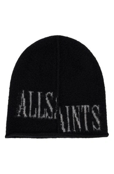 Allsaints Drop Logo Beanie In Black Grey Marl