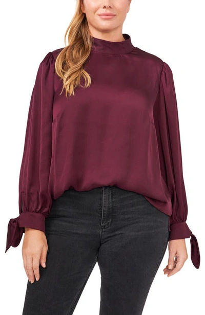 Cece Tie Cuff Satin Top In Rich Cabernet