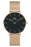 Daniel Wellington Petite Pressed Melrose 24mm In Rose Gold/ Black