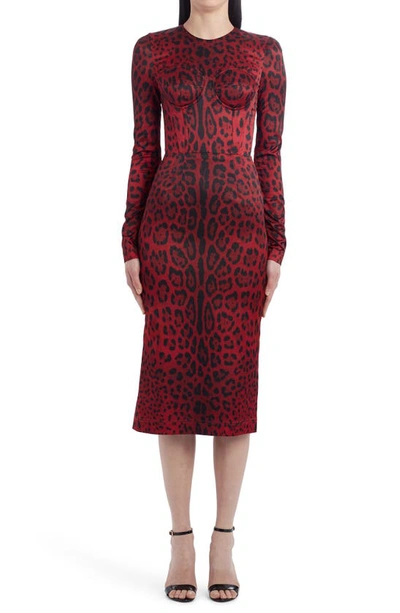 Dolce & Gabbana Leopard Print Bustier Long Sleeve Dress In Rosso