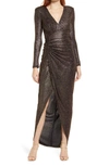 VINCE CAMUTO METALLIC SNAKE PRINT LONG SLEEVE V-NECK GOWN,VC1M2000