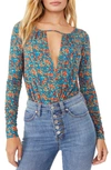 Free People Kaya Print Cutout Bodysuit In Turquoise Combo