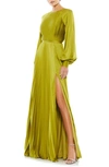 Mac Duggal Long Blouson Sleeve Pleated High Neck Gown In Apple Green