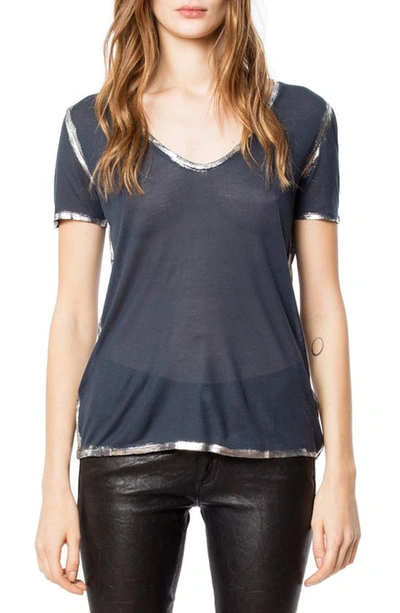 Zadig & Voltaire Tino Silver Foil V-neck Short-sleeve Modal Tee In Blue