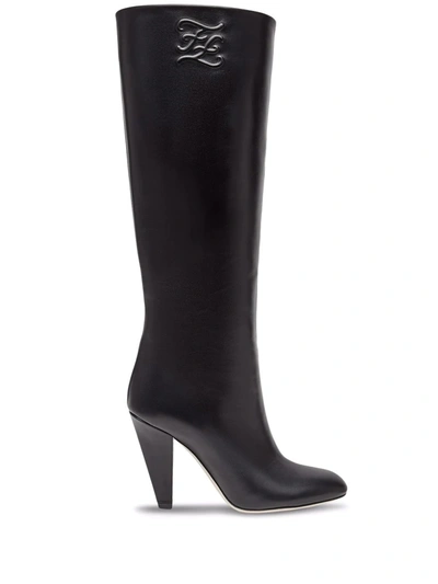 Fendi Karligraphy Logo-embossed Leather Knee Boots In Black