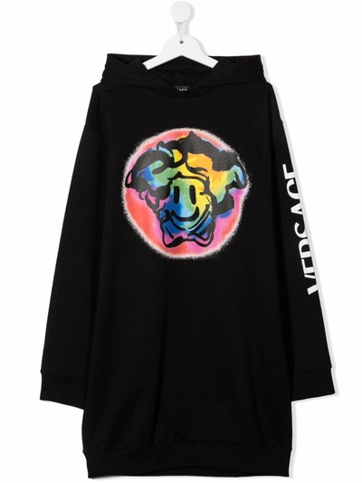 Versace Teen Graphic-print Hoodie Dress In Black