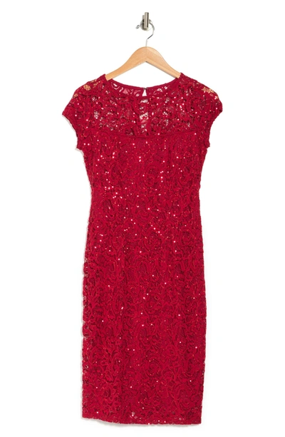 Marina Sequin Lace Cap Sleeve Sheath Dress In Red
