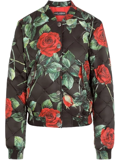 Dolce & Gabbana Quilted Rose-print Jacket In Black
