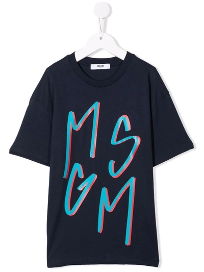 Msgm Kids' Logo-print Cotton T-shirt In Blue