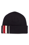 Thom Browne Tricolor Striped Jersey Stitch Merino Wool Beanie In Navy