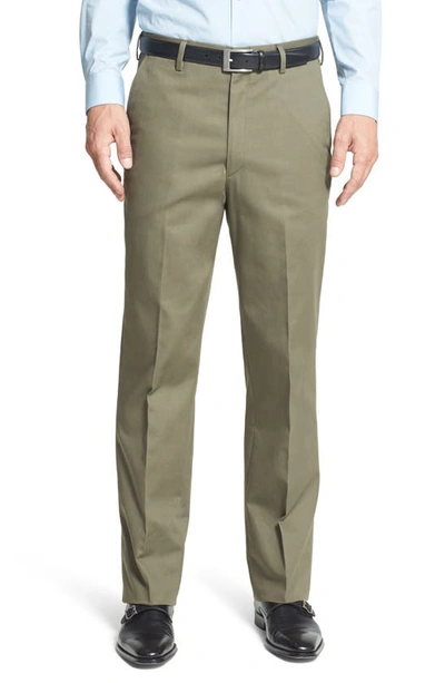 Berle Manufacturing Flat Front Classic Fit Cotton Dress Trousers In Olive