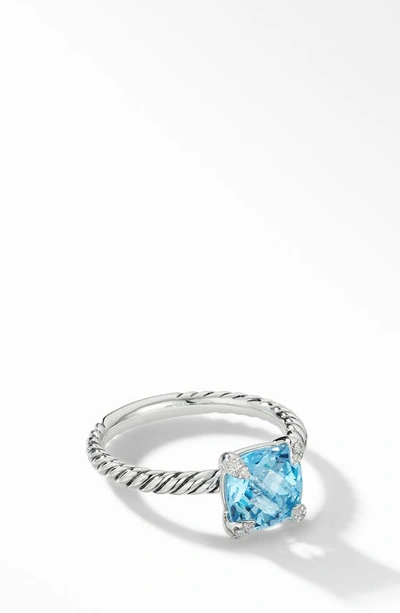David Yurman Chatelaine Cushion Ring With Gemstone And Diamonds In Silver, 8mm In Blue Topaz