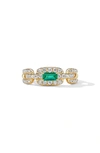David Yurman Stax Chain Link Ring In 18k Yellow Gold With Pave Diamonds And Emerald In Yellow Gold