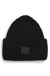 Acne Studios Mens Black Face Logo-patch Wool-knit Beanie