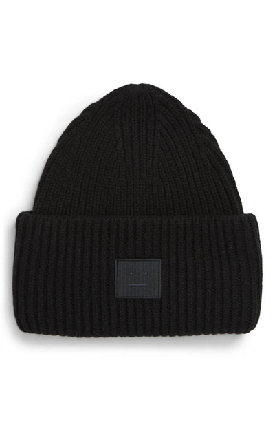 Acne Studios Mens Black Face Logo-patch Wool-knit Beanie