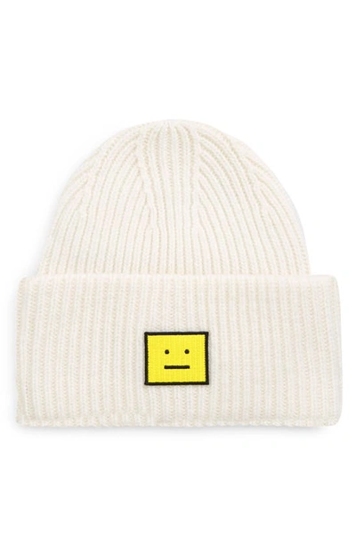 Acne Studios Pansy Face Patch Rib Wool Beanie In White/ Yellow