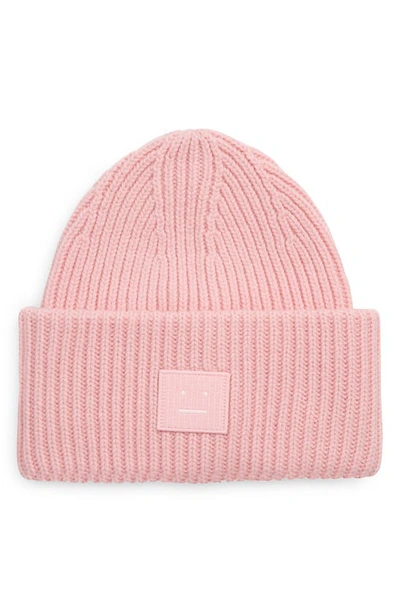 Acne Studios Pansy Face Patch Rib Wool Beanie In Pink