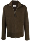 MAISON MARGIELA BROWN RIBBED CARDIGAN WITH FULL ZIP AND FUNNEL NECK
