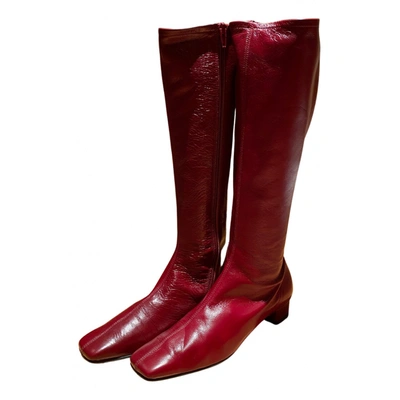 Pre-owned By Far Leather Boots In Burgundy