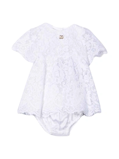 Dolce & Gabbana Babies' Empire-line Lace Dress In Bianco