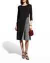 Misook Pleated Contrast Panel Soft Knit Dress In Blacknew Ivory