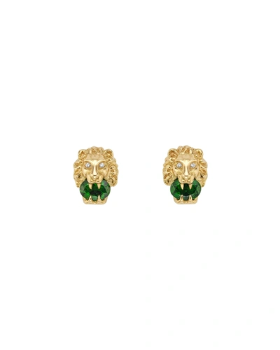 Gucci 18k Lion Head Earrings In Green In Yg