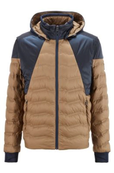 Hugo Boss Color Block Down Jacket With Detachable Sleeves And Hood In Khaki