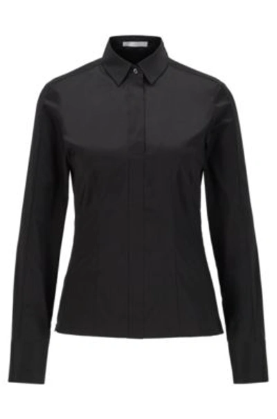 Hugo Boss Slim-fit Blouse In Stretch Cotton-blend Poplin- Black Women's Business Blouses Size 12