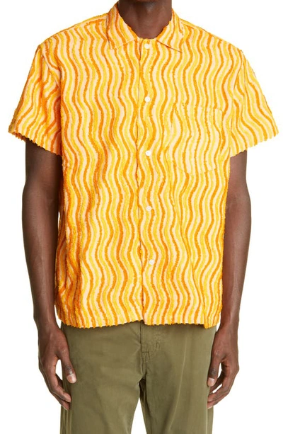 Bode Wavy Chenille Short Sleeve Cotton Button-up Shirt In Ecru/ Orange