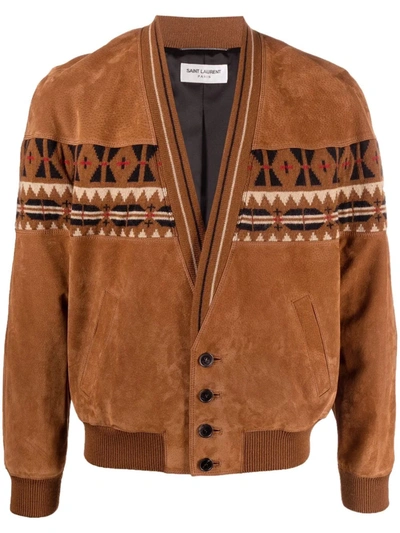 Saint Laurent Geometric-pattern Leather Jacket In Braun