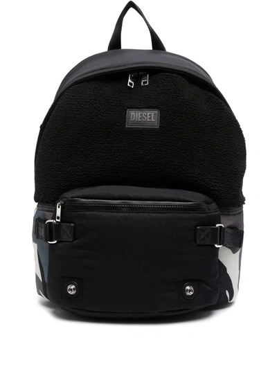 Diesel Logo-patch Panelled Backpack In Black