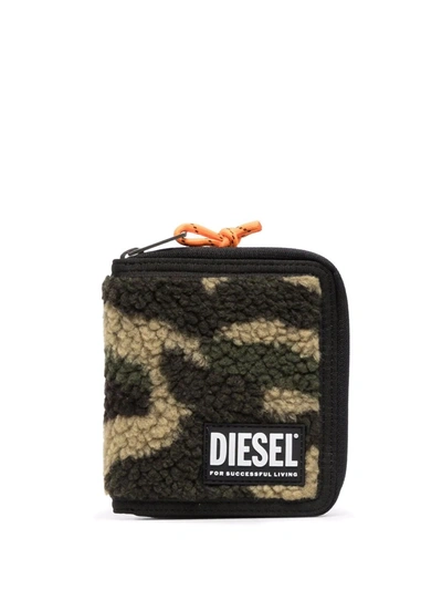 Diesel Faux-shearling All-around Zip Wallet In Green