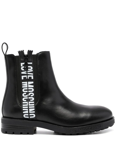 Love Moschino Logo-print Leather Ankle Boots In Black