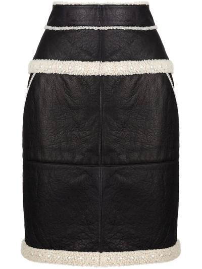 Pre-owned Chanel Shearling-trimmed Leather Skirt In Black
