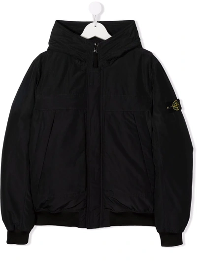 Stone Island Junior Teen Zip-up Hooded Down Jacket In Black