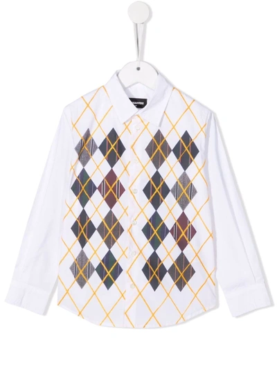 Dsquared2 Kids' Diamond-print Button-up Shirt In White