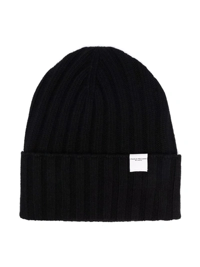 Paolo Pecora Kids' Logo-patch Ribbed Beanie In Black