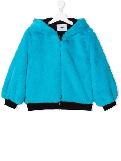 Msgm Kids' Logo-print Faux Fur Hooded Jacket In Blue