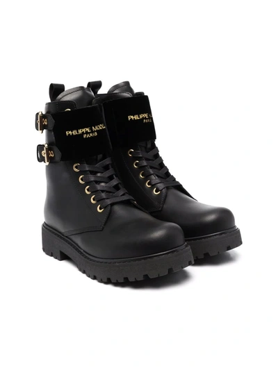 Philippe Model Teen Logo-patch Leather Boots In Black
