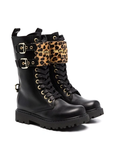 Philippe Model Kids' Leopard-print Panel Leather Boots In Nero